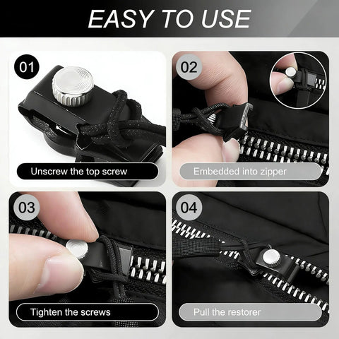 Steps to use Zipper Repair Kit 15-Piece Set With Three Sizes Detachable Pulls Quick Install No Sewing Needed on a black zipper.