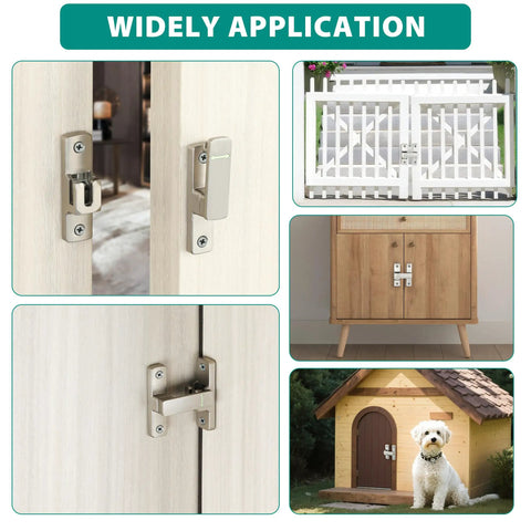 90 180 Degree Flip Door Lock Latch With Nighttime Glow showing various installations on gates, cabinets, and dog house
