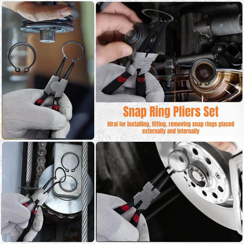 4 Piece 7 Inch Snap Ring Pliers Set with internal and external circlip pliers, straight and 90 degree angled jaws, automotive use