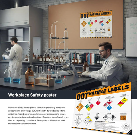 Lab setting with HazMat Labels Poster 49 CFR 172 Hazardous Materials Warning Labels Chart for Class 1 to 9 on the wall