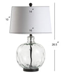 Clear Glass And Black Metal LED Table Lamp For Bedroom And Living Room with white linen shade, 26.5 inch height, side view