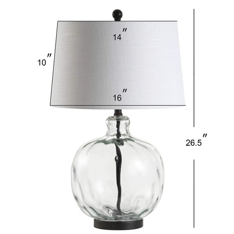 Clear Glass And Black Metal LED Table Lamp For Bedroom And Living Room with white linen shade, 26.5 inch height, side view