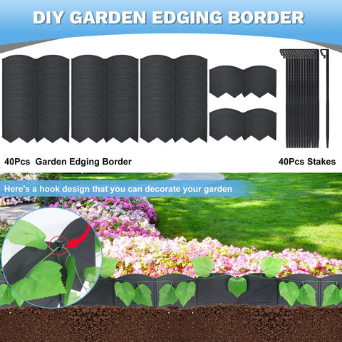 DIY Landscape Edging Kit In Black, Flexible 6 Inch Tall Edging For Curves And Circles, 40 Feet Of Border System With 40 Plastic Stakes