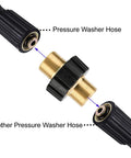Close-up brass pressure washer adapter with M22 to 3/8 in quick-connect ends and black plastic collars.