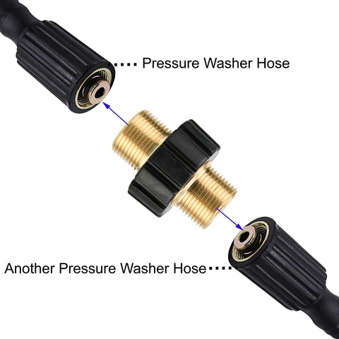 Close-up brass pressure washer adapter with M22 to 3/8 in quick-connect ends and black plastic collars.