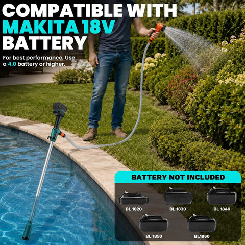 Ripper Cordless Stick Water Transfer Pump Features Brushless Motor For Slick 720 Gallons Per Hour Flow And Thirty Five Foot Lift To Drain Any Tank Fast Compatible With 18V Batteries Tool Only, shown in use by pool.