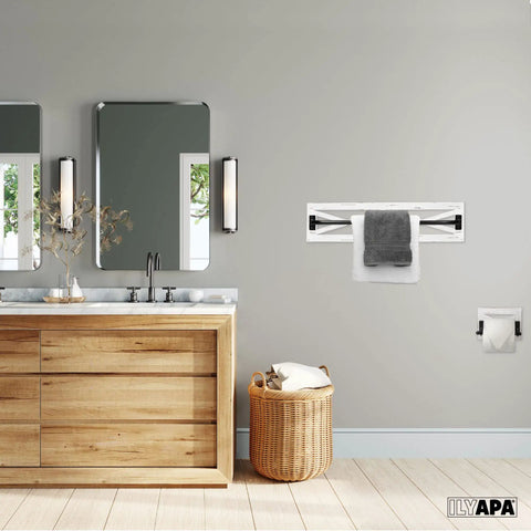 Rustic Towel Bar And Toilet Paper Holder Set With Towel Ring For Bathroom, Wall Mounted Rack In White Wood And Black Metal