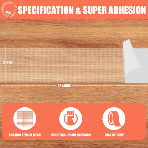 Image showing Heavy Duty Double Sided Carpet Tape For Rugs And Carpets, 2 Inches By 12 Yards, on wooden surface with adhesion icons.