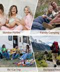 Collage showing slumber party, family camping, RV trip, and backpacking, featuring XL Big And Tall Flannel Sleeping Bag For Adults Cold Weather Cozy Warmth With Plush Cloud Like Liner Double Filled Insulation Portable Compression Sack Waterproof Outdoor Camping Gear in use.
