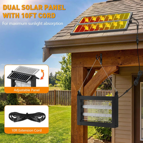 Cordless Solar Bug Zapper Outdoor 4500V With Dual Solar Panels Covers One Half Acre hanging on patio with 10ft extension cord.