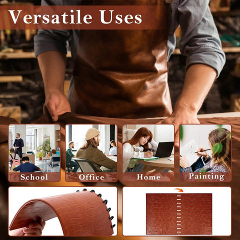 Person crafting with leather, showcasing Pu Leather Discbound Notebook Cover Set With 2 Covers And 11 Expansion Discs, Letter Size Office Planner Accessory, Caramel Alligator Texture Brown, No Inner Paper Included, Durable And Slick, with images of its different uses in school, office, home, and painting.