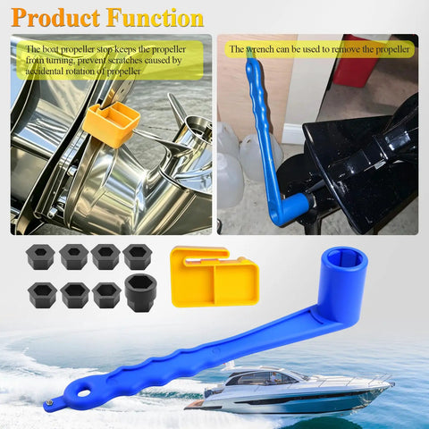 Prop Stop Block And Lightweight Propeller Wrench With Multiple Sockets For Marine Props And All Outboard Stern Drive Applications Includes Nine Common Nut Sizes From About Half Inch To One And Quarter Inch Easy Grip Blue