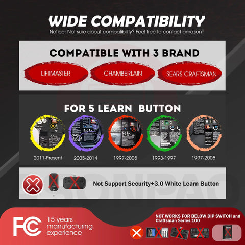 Compatibility chart for Universal Wireless Garage Door Opener Keypad That Just Works With Chamberlain Craftsman Sears Openers