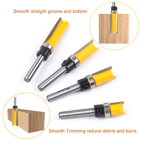 Pattern Flush Trim Router Bit Set With Quarter Inch Shank And Half Inch Cutting Diameter Four Sizes displayed
