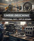 Mechanic inspecting large machinery with gears and engine parts in an industrial workshop setting