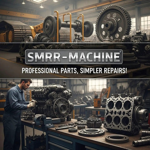 Mechanic inspecting large machinery with gears and engine parts in an industrial workshop setting