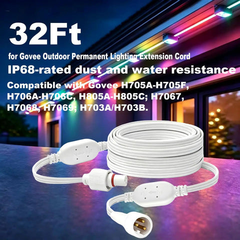 Heavy Duty Thirty Two Foot Outdoor Permanent Lighting Extension Cord Featuring Built In Voltage Booster in white, IP68-rated, ideal for outdoor use.