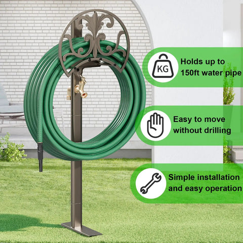 Heavy Duty Garden Hose Stand With Brass Faucet Detachable Hose Holder showcasing 150ft capacity on patio lawn