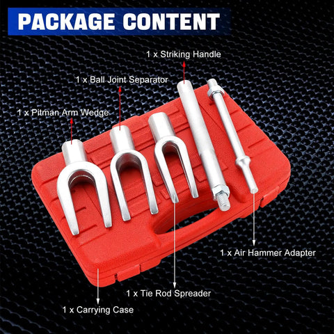 Five Piece Ball Joint Separator Tool Set With Interchangeable Forks For Quick Removal Of Ball Joints Tie Rods And Pitman Arms On Cars And Light Trucks Garage Grade Heavy Duty Work With High Carbon Steel Construction in carrying case.