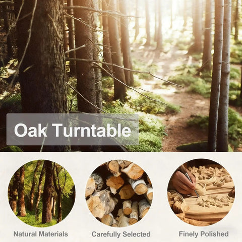 Top Shelf Heavy Duty Oak Lazy Susan Turntable Featuring Slick 360 Degree Spin And Rock Solid Anti Slip Base Designed For Kitchen Islands Or Party Hosting in a forest setting with natural oak materials.