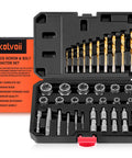 39 Piece Bolt Extractor Kit With Left Hand Drill Bits And Multi Spline Extractors for damaged bolts, displayed in case.
