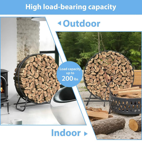 Heavy Duty Circular Firewood Rack 4 Foot Diameter Made From Black Steel Pipes For Indoor And Outdoor Use Log Holder And Firewood Storage Organizer