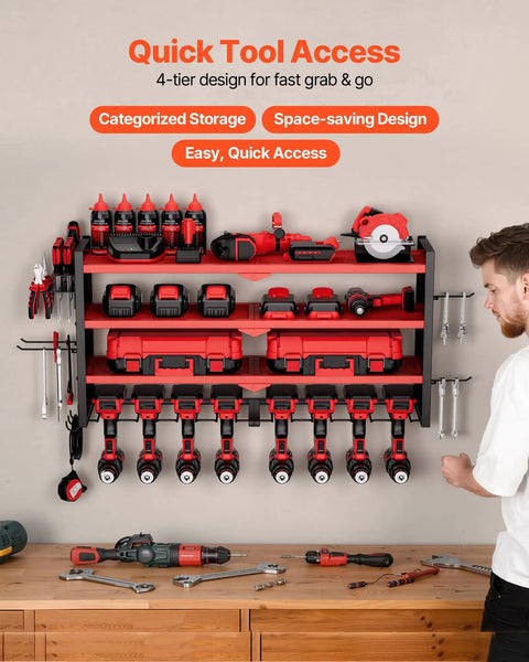 Power Tool Organizer Wall Mount 4 Layer Storage Rack With 8 Drill Holders Side Pegboards And Tool Hooks for organized garage setup