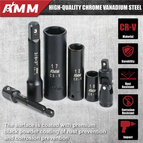 Impact Socket Set 123 Piece With 1/4 And 3/8 Inch Drives, Deep And Shallow Sockets, 6 Point Metric And SAE, CR-V material