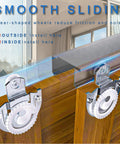 4 Piece Sliding Wardrobe Door Hardware Set Includes Two Dial Adjust Door Hangers Sized 1 And 2, 8 Screws, Durable Galvanized Steel Closet Roller Kit For Smooth, Quiet Sliding Doors And Easy Installation showing installation on wooden doors.