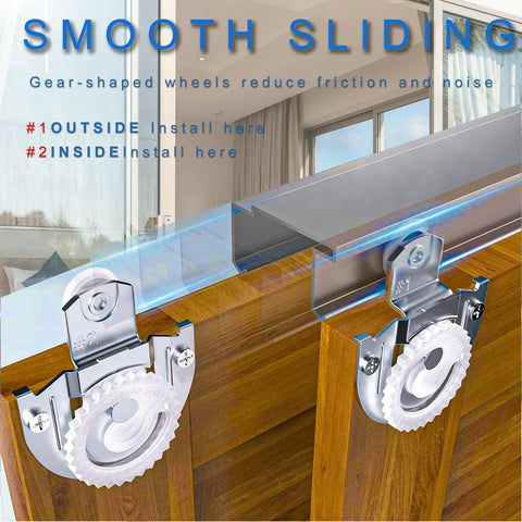 4 Piece Sliding Wardrobe Door Hardware Set Includes Two Dial Adjust Door Hangers Sized 1 And 2, 8 Screws, Durable Galvanized Steel Closet Roller Kit For Smooth, Quiet Sliding Doors And Easy Installation showing installation on wooden doors.