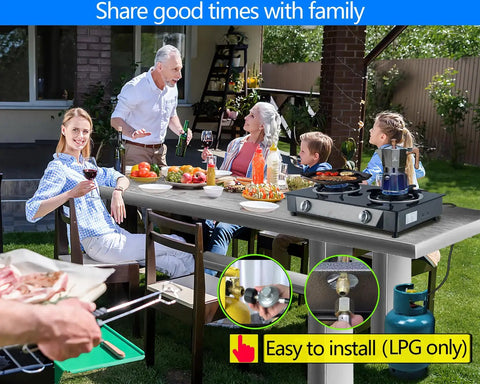 Propane Stove 2 Burner Gas Cooktop With Auto Ignition 26000 BTU Tempered Glass Outdoor Cooker LPG Setup in family backyard setting