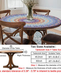 Fitted Round Tablecloth For 45 To 54 Inch Tables Boho Vinyl Indoor Outdoor Patio Cover on table with chairs.