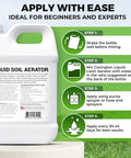 Front view of Liquid Lawn Aerator One Gallon Soil Conditioner with usage instructions for lawns and gardens.