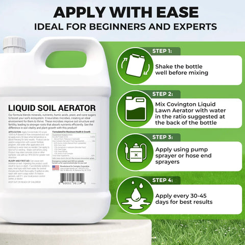 Front view of Liquid Lawn Aerator One Gallon Soil Conditioner with usage instructions for lawns and gardens.