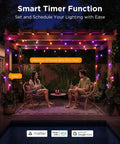 Lit Outdoor String Lights 96ft Dual Rope RGBIC LED Bulbs with 111 Scene Modes on pergola with people using smart app control.