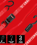 Straight Shooter 10 Piece Ratchet Strap Kit With Soft Loops And Stretchy Bungee Cords Heavy Duty showcasing red straps with hooks.