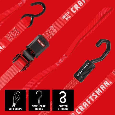 Straight Shooter 10 Piece Ratchet Strap Kit With Soft Loops And Stretchy Bungee Cords Heavy Duty showcasing red straps with hooks.