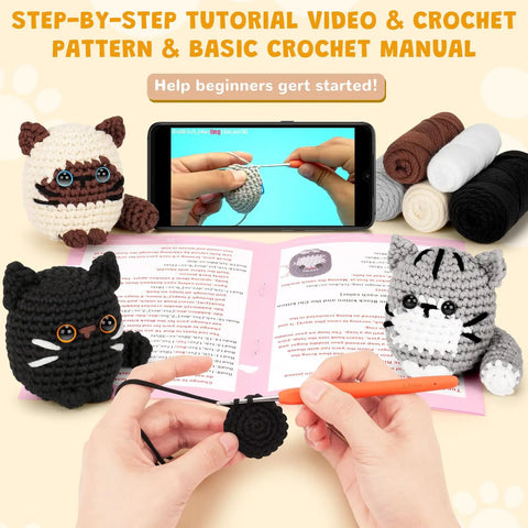 Beginner Crochet Kit for Adults With Amigurumi Projects and Step By Step Video Tutorials, two crocheted cat toys, yarn, and manual