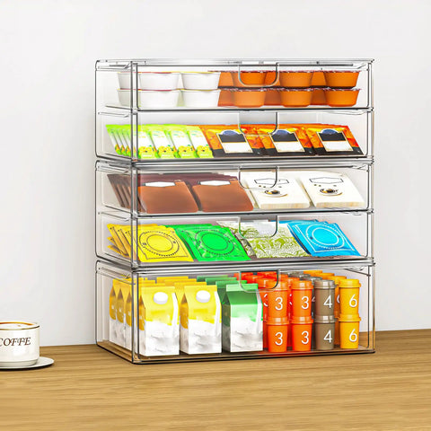 Super Slick Acrylic Stackable Drawer Set Of Six Pack For Vanity And Bathroom Desk Organization Modular Units Stack Up Fast to display various containers.