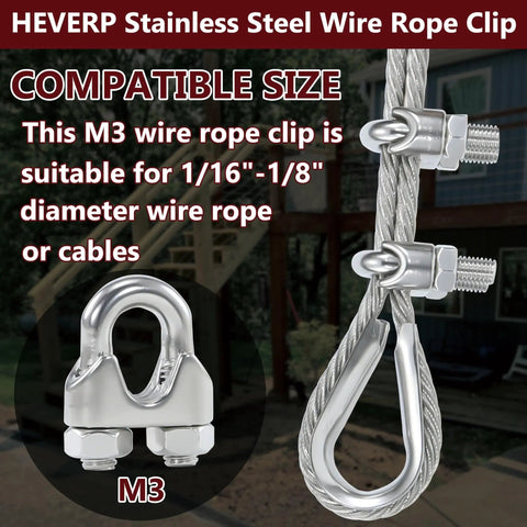 20 Pcs 1/8 Inch M3 Stainless Steel Wire Rope Cable Clips Clamp Set for DIY Rigging Handyman Projects displayed on wire rope