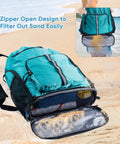 Oversized Beach Backpack With Sandproof Bottom And Waterproof Shell, highlighted zipper design, on sandy beach showing sand removal