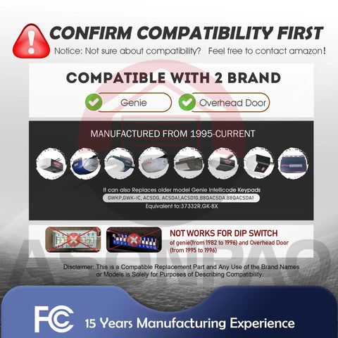 Infographic showing compatibility for Genie Wireless Garage Door Opener Keypad Replacement Universal Intellicode Compatible Keypad