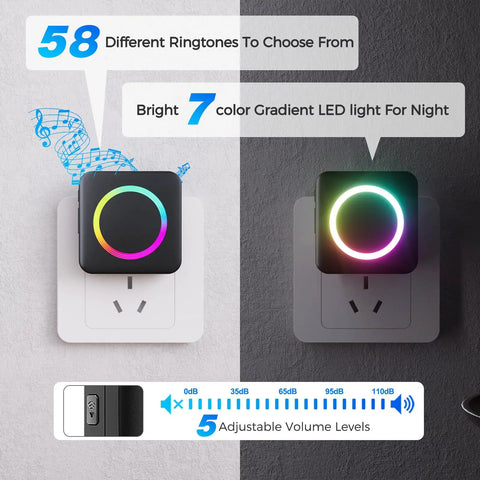 Wireless Door Chime When Doors Open For Home And Business Use, Easy Install Door Sensor Bell That Alerts When Entry Is Detected, Perfect For Toddlers And Seniors With Dementia, Customizable Tones And Several Volume Options, black receiver with RGB LED ring