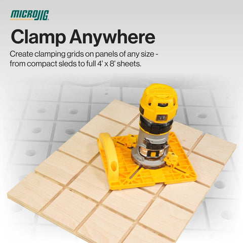 MatchFit Grid Routing Guide Kit For Dovetail Clamping Tracks shown on wooden panel with self indexing router base.