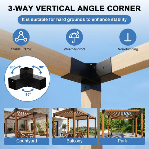 3-way vertical angle corner detail of Heavy Duty Gazebo Brackets Kit for Outdoor Pergolas DIY Rust Proof Hardware installed on wood.