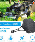Durable Replacement Fuel Tank Cap For Lawn Mowers Fits Briggs Stratton Toro And Craftsman Gas Tanks Easy Install Seals Tight. Black fuel cap shown next to a lawn mower with a focus on gas tank part number 594061.