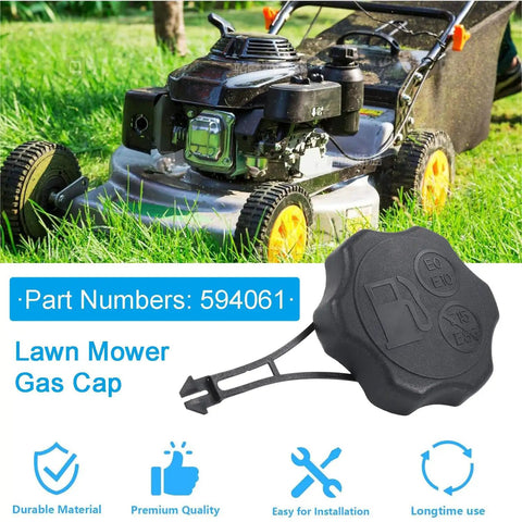 Durable Replacement Fuel Tank Cap For Lawn Mowers Fits Briggs Stratton Toro And Craftsman Gas Tanks Easy Install Seals Tight. Black fuel cap shown next to a lawn mower with a focus on gas tank part number 594061.