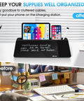 Glass Desk Whiteboard With Wireless Charger Stand, Dry Erase White Board With Built In Storage And To Do List Memo Notepad, Must Have For Home And Office, Sleek Modern Desk Organizer on a white table with accessories.