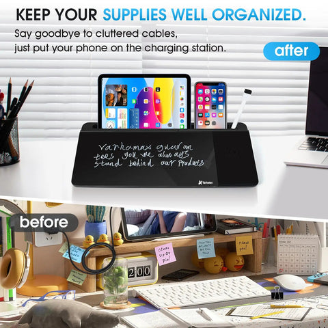 Glass Desk Whiteboard With Wireless Charger Stand, Dry Erase White Board With Built In Storage And To Do List Memo Notepad, Must Have For Home And Office, Sleek Modern Desk Organizer on a white table with accessories.