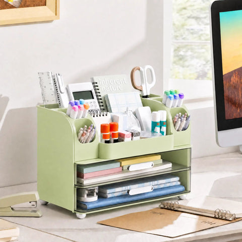 Spacious Desk Organizer With Pencil And Pen Holder 2 Drawers And Side Compartments Desktop Storage For Office Home School Art Supplies In Green